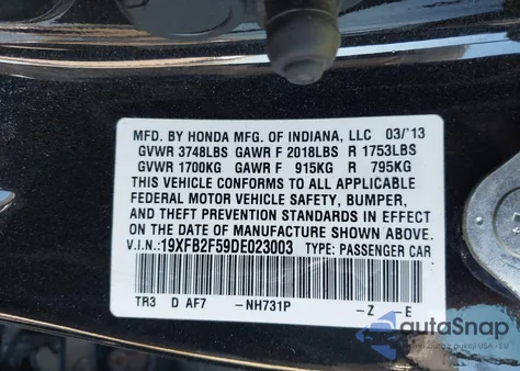 2013 Honda Civic Lx z USA, uszkodzony, nr VIN 19XFB2F59DE023003